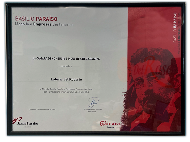 Diploma de la Medalla Basilio Paraíso concedida a Lotería del Rosario como empresa centenaria