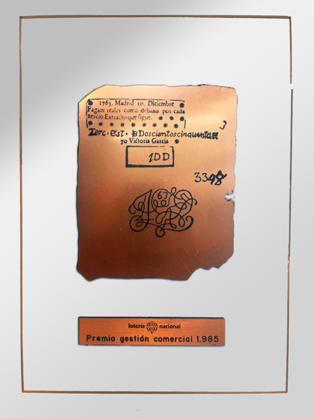 Primer Premio Nacional a la Mejor Gesti&oacute;n Comercial de Loter&iacute;as y Apuestas del Estado (1985) a Loter&iacute;a del Rosario